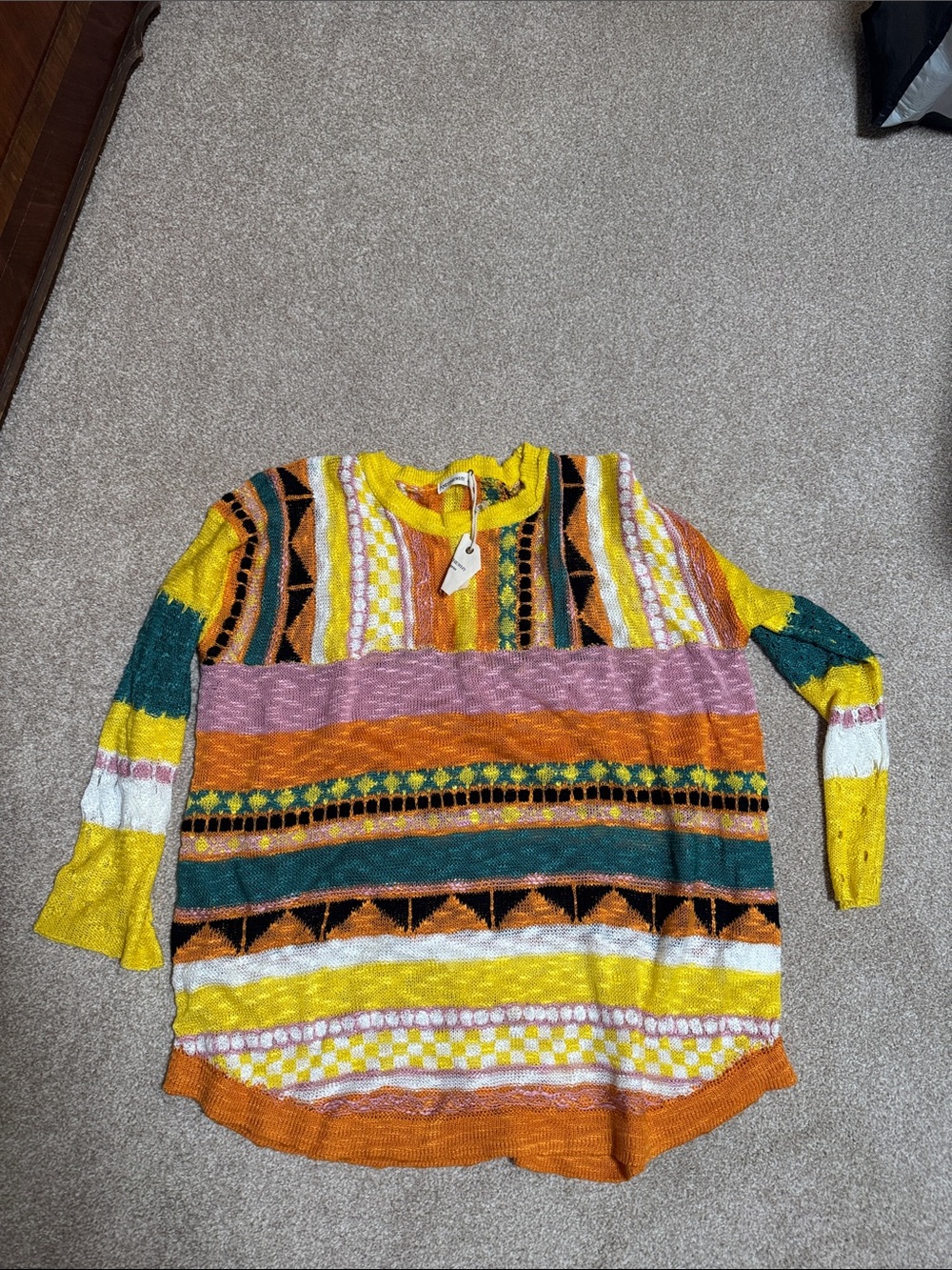 Colorblock Pattern Crewneck Sweater - Yellow, Pink & Green